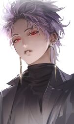 Rule 34 | 1boy, black jacket, black shirt, earrings, from below, glint, jacket, jewelry, jigobamkong, looking at viewer, male focus, parted lips, portrait, purple hair, red eyes, saibou shinkyoku, shirt, short hair, simple background, solo, theodore riddle, white background