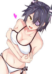 Rule 34 | 10s, 1girl, absurdres, bare shoulders, bikini, black hair, blush, breast hold, breasts, cleavage, eyepatch, headgear, heart, highres, kantai collection, large breasts, looking at viewer, navel, open mouth, purple hair, sato (samanosuke 0710), short hair, simple background, solo, swimsuit, tenryuu (kancolle), white background, yellow eyes