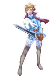Rule 34 | 1girl, artist request, belt, belt buckle, belt pouch, black footwear, blonde hair, blue shirt, blue tunic, boots, brown belt, brown gloves, buckle, capelet, closed mouth, crossdressing, elf, fighting stance, floating hair, full body, gloves, high collar, highres, holding, holding sword, holding weapon, legs apart, long sleeves, looking at viewer, messy hair, original, pants, pointy ears, pouch, reverse trap, sheath, shirt, simple background, solo, standing, sword, thigh boots, thighhighs, tomboy, tunic, weapon, white background, white capelet, white pants, wind