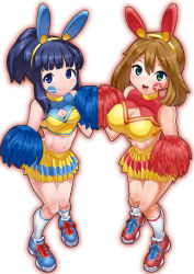 Rule 34 | 2girls, alternate costume, alternate hairstyle, animal ears, blue eyes, blush, breasts, brown hair, cheerleader, cleavage cutout, clothing cutout, cosplay, covered erect nipples, creatures (company), dawn (pokemon), drawing on another&#039;s face, fake animal ears, full body, game freak, gen 3 pokemon, green eyes, kneehighs, large breasts, long hair, looking at viewer, may (pokemon), midriff, minun, minun (cosplay), multiple girls, nintendo, open mouth, pleated skirt, plusle, plusle (cosplay), pokemon, pokemon (anime), pokemon dppt, pokemon rse, pom pom (cheerleading), ponytail, shoes, short hair, simple background, skirt, smile, sneakers, socks, toranoe
