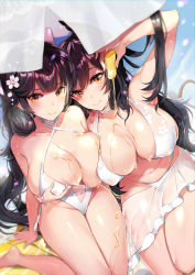 Rule 34 | 2girls, alternate costume, animal ears, arm support, atago (azur lane), atago (summer march) (azur lane), atago (summer march) (azur lane), azur lane, beach umbrella, bikini, black hair, blush, bottle, bow, grabbing another&#039;s breast, breasts, brown eyes, casual one-piece swimsuit, cleavage, closed mouth, commentary, criss-cross halter, extra ears, flower, grabbing, groin, hair bow, hair flower, hair ornament, hair ribbon, halterneck, hatoyama itsuru, highres, holding, holding bottle, large breasts, long hair, looking at viewer, mole, mole under eye, multiple girls, navel, one-piece swimsuit, ponytail, pouring, pouring onto self, ribbon, sarong, see-through, sidelocks, sitting, smile, swept bangs, swimsuit, takao (azur lane), takao (beach rhapsody) (azur lane), thighs, umbrella, very long hair, white bikini, white bow, white one-piece swimsuit, white ribbon, yokozuwari