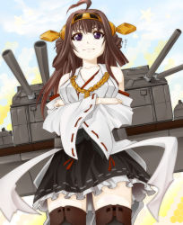 Rule 34 | 10s, 1girl, bare shoulders, black thighhighs, blush, boots, breasts, brown hair, cannon, detached sleeves, double bun, hair bun, hair ornament, hairband, headgear, highres, hissa yossa, japanese clothes, kantai collection, kongou (kancolle), long hair, medium breasts, miko, nontraditional miko, personification, purple eyes, skirt, smile, solo, thigh boots, thighhighs, turret