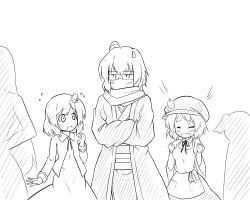 Rule 34 | 1boy, 1girl, 2girls, adapted costume, ahoge, aki minoriko, aki shizuha, alternate costume, apron, blush, casual, clenched hands, crossed arms, closed eyes, flying sweatdrops, food, food on head, fruit on head, futa (nabezoko), glasses, greyscale, hair ornament, hat, hat ornament, height difference, leaf hair ornament, long hair, monochrome, morichika rinnosuke, multiple girls, object on head, open mouth, scarf, short hair, silhouette, sweatdrop, touhou