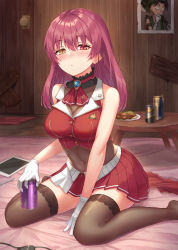 Rule 34 | 1girl, bare shoulders, between legs, blouse, blurry, blurry background, blush, breasts, brooch, brown hair, brown thighhighs, can, cleavage, closed mouth, commentary request, covered collarbone, crop top, depth of field, eyepatch, unworn eyepatch, food, gloves, gohei (aoi yuugure), hair between eyes, hair down, hand between legs, highres, holding, holding can, hololive, houshou marine, indoors, jewelry, leotard, leotard under clothes, long hair, medium breasts, no shoes, plate, pleated skirt, red eyes, red neckwear, red shirt, red skirt, see-through, see-through cleavage, see-through leotard, shirt, sitting, skirt, sleeveless, sleeveless shirt, solo, table, thighhighs, virtual youtuber, wariza, white gloves, yellow eyes
