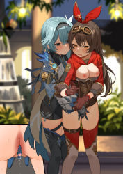 Rule 34 | 2girls, absurdres, amber (genshin impact), black hairband, blue hair, blurry, blurry background, blush, bottomless, bow hairband, breasts, breasts out, brown gloves, brown hair, cross-section, crossed bangs, eula (genshin impact), fingering, genshin impact, gloves, goggles, goggles on head, hair between eyes, hairband, heart, highres, lemontyoisy r18, long hair, looking at another, medium breasts, multiple girls, nipples, open clothes, open mouth, outdoors, pussy juice, raised eyebrows, red hairband, short hair, shorts, standing, sweat, thigh strap, thighhighs, vision (genshin impact), yuri, zettai ryouiki