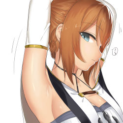 Rule 34 | ..., 1girl, anchor, armpits, arms behind head, arms up, azur lane, blue eyes, braid, breasts, brown hair, capelet, closed mouth, detached sleeves, from side, halterneck, looking at viewer, medium breasts, motion lines, profile, repulse (azur lane), shiny skin, sideboob, sidelocks, simple background, solo, spoken ellipsis, upper body, uto ki te, white background, white capelet