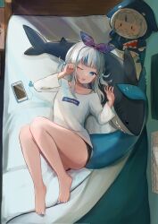 Rule 34 | 1girl, alternate costume, bare legs, barefoot, bed, black shorts, blue eyes, bow, cellphone, character doll, collarbone, commentary, english commentary, eyelashes, feet, fins, fish tail, from above, full body, gawr gura, hair bow, hands up, highres, hololive, hololive english, indoors, knees together feet apart, legs, long sleeves, looking at viewer, lying, nail polish, off shoulder, on back, one eye closed, phone, purple bow, rubbing eyes, samezukipng, shadow, shark girl, shark tail, sharp teeth, shirt, short shorts, shorts, smartphone, smol gura, solo, stuffed animal, stuffed shark, stuffed toy, tail, teeth, thighs, toenail polish, toenails, toes, upper teeth only, virtual youtuber, white shirt