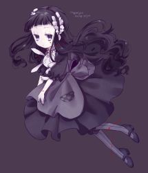 Rule 34 | 10s, 1girl, bad id, bad pixiv id, bags under eyes, black background, black bow, black eyes, black footwear, black hair, black legwear, blood, blood on face, bow, closed mouth, copyright name, dress, english text, female focus, frilled sleeves, frills, from side, full body, gothic lolita, hair bow, hairband, hardgore alice, ishido mutsuki, jitome, lolita fashion, lolita hairband, long hair, mahou shoujo ikusei keikaku, mahou shoujo ikusei keikaku unmarked, mary janes, monochrome, pale skin, pantyhose, shoes, simple background, solo, spot color, striped clothes, striped legwear, striped pantyhose, stuffed animal, stuffed rabbit, stuffed toy, vertical-striped clothes, vertical-striped legwear, vertical-striped pantyhose, very long hair