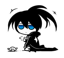 Rule 34 | 10s, 1girl, black hair, black rock shooter, black rock shooter (character), blue eyes, cape, chibi, female focus, huke, lowres, monochrome, solo, spot color, thumbs up, white background