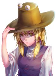 Rule 34 | 1girl, blonde hair, hair ornament, hair ribbon, hat, long hair, long sleeves, looking at viewer, looking up, minami koyogi, moriya suwako, parted lips, ribbon, shaded face, shirt, simple background, solo, touhou, turtleneck, upper body, vest, white background, wide sleeves, yellow eyes