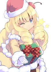 Rule 34 | 1girl, absurdres, blonde hair, blue eyes, blush, christmas, coat, drill hair, duel monster, gift, gloves, hat, highres, long hair, madolche puddingcess, normaland, one eye closed, santa hat, simple background, smile, solo, star (symbol), very long hair, white background, white gloves, winter clothes, winter coat, yu-gi-oh!, yu-gi-oh! duel monsters