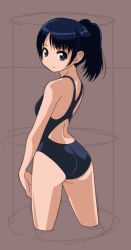 Rule 34 | 1girl, ass, bad id, bad pixiv id, black eyes, blue hair, competition swimsuit, cropped legs, from behind, looking back, one-piece swimsuit, original, ponytail, rohitsuka, short hair, solo, standing, swimsuit