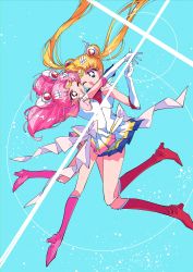 Rule 34 | 2girls, absurdres, artist request, bishoujo senshi sailor moon, blonde hair, blue background, blue eyes, blush, breasts, chibi usa, full body, hair ornament, highres, hug, looking at another, magical girl, miniskirt, mother and daughter, multiple girls, one eye closed, open mouth, pink hair, sailor chibi moon, sailor collar, sailor moon, skirt, super sailor chibi moon, super sailor moon, tsukino usagi, twintails