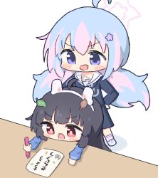 Rule 34 | 2girls, ahoge, animal ears, behind another, black hair, blue archive, blue hair, blue halo, blue shirt, blush stickers, chibi, commentary, fang, halo, holding, leaf, leaf on head, long hair, long sleeves, miyu (blue archive), multicolored hair, multiple girls, no nose, open mouth, pink hair, pink halo, pink pupils, rabbit ears, red eyes, reisa (blue archive), sailor collar, shirt, skin fang, socks, standing, two-tone hair, umihio, v-shaped eyebrows, very long hair, white sailor collar