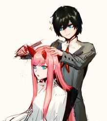 Rule 34 | 10s, 1boy, 1girl, asymmetrical horns, barber chair, black hair, blossomppg, blue eyes, couple, darling in the franxx, fringe trim, green eyes, hand on another&#039;s head, hetero, highres, hiro (darling in the franxx), holding, horns, long hair, long sleeves, military, military uniform, necktie, oni horns, pink hair, red horns, red neckwear, short hair, uniform, zero two (darling in the franxx)
