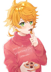 Rule 34 | 1girl, absurdres, candy, chocolate, chocolate bar, commentary, emma (yakusoku no neverland), food, green eyes, highres, orange hair, protected link, red sweater, short hair, sweater, symbol-only commentary, tp82n1r, white background, yakusoku no neverland