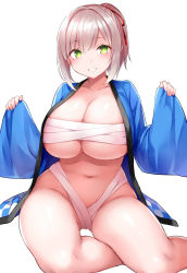 1girl blush breasts cleavage green_eyes grey_hair grin highres huge_breasts looking_at_viewer navel original short_hair simple_background sitting smile solo teeth tsukumiya_amane white_background