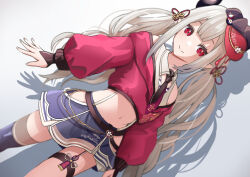 Rule 34 | 1girl, bare shoulders, belt, blue skirt, blunt bangs, blush, brown belt, demon horns, dicotyle dons, grey hair, highres, hip vent, horns, jacket, layered skirt, long hair, looking at viewer, low twintails, midriff, miniskirt, naraka (2nd costume) (nijisanji), naraka (nijisanji), necktie, nijisanji, off-shoulder jacket, off shoulder, official alternate costume, pointy ears, red eyes, red headwear, red jacket, single thighhigh, skirt, smile, solo, thigh strap, thighhighs, twintails, very long hair, virtual youtuber