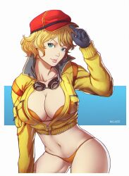 Rule 34 | 1girl, absurdres, adjusting clothes, adjusting headwear, artist name, baseball cap, bikini, bikini under clothes, black gloves, blonde hair, blush, breasts, cidney aurum, cleavage, collarbone, commentary, contrapposto, cropped jacket, english commentary, final fantasy, final fantasy xv, gift art, gloves, goggles, goggles around neck, hat, highres, jacket, large breasts, linea alba, navel, orange bikini, partially unzipped, pink lips, red hat, salaiix, second-party source, smile, solo, standing, swimsuit, thighs, yellow jacket
