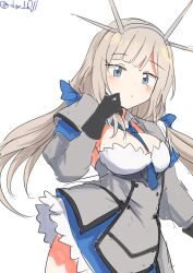 Rule 34 | 1girl, absurdres, between breasts, black gloves, blue bow, blue eyes, blue necktie, bow, braid, breasts, capelet, cleavage cutout, clothing cutout, dress, gloves, grey capelet, grey dress, headgear, highres, kantai collection, large breasts, light brown hair, long hair, low twintails, maryland (kancolle), multicolored capelet, necktie, necktie between breasts, one-hour drawing challenge, pleated dress, radio antenna, robinson (day l full), side braids, solo, twintails