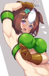 Rule 34 | 1girl, @ @, ahoge, arm up, armpits, bandeau, breasts, brown gloves, brown hair, cleavage, commentary request, cosplay, gloves, green bandeau, grey background, hair between eyes, hair ornament, hairband, highres, large breasts, looking at viewer, meisho doto (umamusume), midriff, multicolored hair, navel, open mouth, purple eyes, purple hairband, sawara noa, short hair, simple background, solo, star (symbol), star hair ornament, streaked hair, taiki shuttle (umamusume), taiki shuttle (umamusume) (cosplay), two-tone background, umamusume, white background, white hair