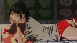 Rule 34 | 10s, 1girl, ass, bed, black hair, head rest, lipstick, looking at viewer, lying, makeup, on stomach, open mouth, panties, pillow, red panties, short hair, side-tie panties, tento moyo, underwear, wizard barristers: benmashi cecil, yellow eyes