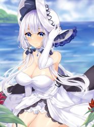 Rule 34 | 1girl, anchor, azur lane, beach, blue eyes, blush, breasts, choker, cleavage, day, dress, elbow gloves, error dot, gloves, hair ornament, hair over shoulder, hand on headwear, hat, highres, illustrious (azur lane), lace-trimmed hat, lace trim, large breasts, long hair, looking at viewer, low twintails, mole, mole under eye, ocean, outdoors, sitting, smile, solo, strapless, strapless dress, twintails, white dress, white gloves, white hair, wind
