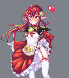 Rule 34 | blush, clothes lift, dress, dungeon and fighter, elementalist (dungeon and fighter), flor, garter belt, highres, mage (dungeon and fighter), pointy ears, red hair, red skirt, skirt, skirt lift, thighhighs, white dress