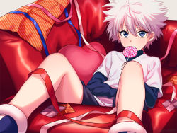 Rule 34 | 1boy, asada hachi, blue eyes, blue ribbon, blue shirt, candy, commentary request, couch, feet out of frame, food, heart, heart-shaped pillow, holding, holding candy, holding food, holding lollipop, hunter x hunter, killua zoldyck, layered sleeves, lollipop, long sleeves, looking at viewer, male focus, messy hair, pillow, pink ribbon, purple shorts, red ribbon, ribbon, shirt, short hair, short over long sleeves, short sleeves, shorts, sitting, solo, spiked hair, t-shirt, turtleneck, white hair, white ribbon, white shirt