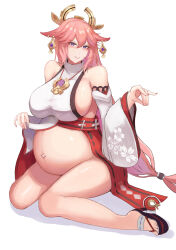 Rule 34 | 13otsu, 1girl, animal ears, big belly, blush, bottomless, breasts, curvy, earrings, fox ears, fox girl, fox shadow puppet, genshin impact, hair ornament, hair tie, highres, huge breasts, japanese clothes, jewelry, long hair, looking at viewer, necklace, outie navel, parted lips, pink hair, pregnant, purple eyes, shiny skin, sideboob, sidelocks, sitting, smile, thick thighs, thighs, very long hair, wariza, white background, wide hips, wide sleeves, yae miko