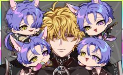 Rule 34 | 5boys, anger vein, animal ear fluff, animal ears, blonde hair, cat smile, chibi, chibi on shoulder, closed mouth, dead inside, dirty blonde, earrings, fang, fox ears, glasses, heterochromia, highres, holding, holding glasses, jewelry, kuya (nu carnival), looking at viewer, male focus, messy hair, mole, mole under eye, multiple boys, multiple persona, nu carnival, open mouth, orange eyes, ponytail, purple eyes, purple hair, quincy (nu carnival), shaded face, short hair, skin fang, slit pupils, yadome810, yellow eyes