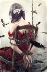 Rule 34 | 1girl, arms behind back, bdsm, black hair, blindfold, bondage, bound, bound arms, bound wrists, chain, chair, dress, feathers, long hair, nuwanko, off shoulder, original, partially submerged, red dress, restrained, rope, sitting, solo, torn clothes, torn dress