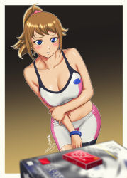 Rule 34 | 1girl, arm under breasts, bike shorts, black background, blue eyes, blurry, blurry foreground, blush, bracelet, breasts, brown hair, cleavage, collarbone, commentary request, condom box, cowboy shot, dated, gradient background, gundam, gundam build fighters, gundam build fighters try, gunpla, hand on own arm, highres, hoshino fumina, jewelry, kijinaka mahiro, large breasts, leaning to the side, looking at object, medium hair, midriff, model kit, navel, okamoto condoms, open clothes, outline, parted lips, partial commentary, ponytail, scrunchie, shorts, sidelocks, signature, simple background, solo, sports bra, standing, sweat, thigh gap, two-tone sports bra, white shorts, white sports bra, yellow background