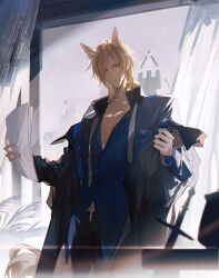 Rule 34 | 1boy, absurdres, animal ears, arknights, black jacket, black pants, blonde hair, blue shirt, buttons, chinese commentary, closed mouth, commentary request, cowboy shot, expressionless, hair over one eye, highres, holding, holding paper, horse boy, horse ears, jacket, lieshang773, looking at viewer, male focus, medium hair, mlynar (arknights), open clothes, open jacket, pants, paper, pectorals, removing jacket, rhodes island logo (arknights), shirt, solo, yellow eyes