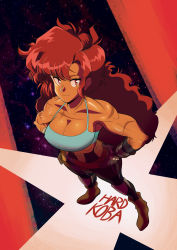 Rule 34 | absurdres, belt, blue vest, boots, breasts, cross-section, curly hair, dark-skinned female, dark skin, eyebrows, eyelashes, gloves, hardkoba, highres, knee guards, large breasts, long hair, midriff, muscular, muscular female, red background, red eyes, red hair, scar, scar on chest, sidelocks, space, space maria, vest