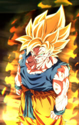 Rule 34 | 1boy, aura, blonde hair, blue wristband, clenched teeth, collarbone, dougi, dragon ball, dragonball z, green eyes, looking at viewer, looking up, muscular, muscular male, rom (20), saiyan, solo, son goku, spiked hair, super saiyan, super saiyan 1, teeth