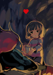 Rule 34 | 10s, 1girl, 2015, androgynous, artist name, blue skin, brown eyes, brown hair, colored skin, cup, frisk (undertale), heart, holding, holding cup, juby, monster girl, red hair, seiza, shirt, shorts, sitting, striped clothes, striped shirt, undertale, undyne
