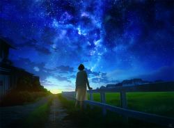 Rule 34 | 1girl, black hair, blue jacket, bush, commentary request, facing viewer, fence, field, from behind, galaxy, grass, house, jacket, light rays, long sleeves, milky way, mocha (cotton), night, night sky, original, outdoors, rural, scenery, short hair, skirt, sky, solo, standing, star (sky), starry sky, sunrise, tree, yellow skirt
