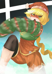Rule 34 | 1girl, absurdres, arms (game), blonde hair, dizuit plus, domino mask, green eyes, highres, knit hat, mask, min min (arms), nintendo, open mouth, pantyhose, pantyhose under shorts, punching, short hair, shorts, simple background, solo, super smash bros., super smash bros. logo