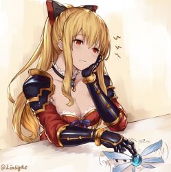 Rule 34 | 10s, 1girl, armor, bad anatomy, bad hands, bare shoulders, black bow, blonde hair, blush, bow, breasts, head rest, cleavage, detached collar, empty eyes, gauntlets, granblue fantasy, hair bow, large breasts, lialight, long hair, pauldrons, ponytail, poorly drawn, red eyes, shoulder armor, sidelocks, solo, twitter username, upper body, vira (granblue fantasy)