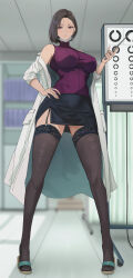 Rule 34 | 1girl, bare shoulders, black thighhighs, blush, breasts, coat, full body, hand on own hip, highres, holding, indoors, kesoshirou, large breasts, long sleeves, looking at viewer, off shoulder, original, parted lips, purple eyes, short hair, solo, standing, thighhighs, thighs, white coat