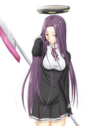Rule 34 | 10s, 1girl, adjusting hair, alternate hair length, alternate hairstyle, breasts, glaive (polearm), gloves, halo, highres, kantai collection, long hair, looking away, mechanical halo, niwatazumi, polearm, purple eyes, purple hair, school uniform, simple background, skirt, solo, spear, tatsuta (kancolle), uniform, very long hair, weapon, white background