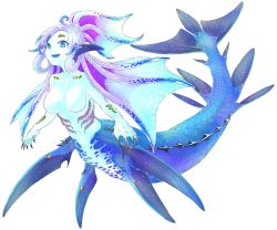 Rule 34 | 1girl, ahoge, blue eyes, blue hair, blue scales, blue skin, blue tongue, claws, colored skin, colored tips, colored tongue, completely nude, fins, full body, gills, gradient hair, head fins, highres, long hair, looking at viewer, mermaid, monster girl, multicolored hair, nude, open mouth, original, ponytail, purple hair, sharp teeth, simple background, solo, tama go shi, teeth, tentacle hair, tentacles, webbed hands, white background