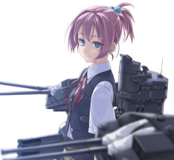 Rule 34 | 1girl, black skirt, black vest, blue eyes, blurry, collared shirt, depth of field, eyes visible through hair, from side, hair ornament, kantai collection, looking at viewer, looking to the side, machinery, neck ribbon, pink hair, pleated skirt, ponytail, red ribbon, ribbon, rokuwata tomoe, school uniform, shiranui (kancolle), shirt, short hair, short sleeves, simple background, skirt, solo, torpedo tubes, turret, vest, white background, white shirt
