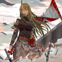 Rule 34 | 1girl, arknights, baggy pants, black shirt, clothing cutout, commentary request, feet out of frame, flag, green eyes, green hair, grey pants, highres, holding, holding shield, holding sword, holding weapon, horns, hoshiguma (arknights), hoshiguma (ronin huntress) (arknights), katana, long hair, long sleeves, looking at viewer, mask, official alternate costume, oni mask, pants, parted lips, planted, planted sword, planted weapon, shield, shirt, shoulder cutout, single horn, solo, sword, tatatsu, turtleneck, underbust, weapon