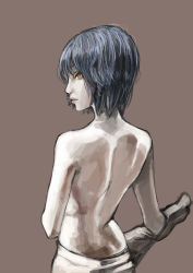 Rule 34 | 1girl, blue hair, canking, from behind, lips, looking at viewer, looking back, orange eyes, profile, short hair, simple background, solo, standing, topless
