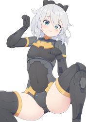 Rule 34 | 1girl, 30 minutes sisters, :3, absurdres, black footwear, black leotard, blue eyes, blush, boots, cable, cable tail, covered navel, flat chest, grey hair, head tilt, highres, leotard, looking at viewer, mechanical tail, paw pose, rishetta (30ms), short hair, sitting, smile, solo, spread legs, subten, tail, thigh boots