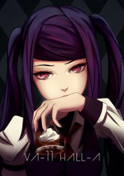 Rule 34 | 1girl, alcohol, bl/ess, black hair, covering own mouth, glass, ice, jill stingray, looking at viewer, pink eyes, purple hair, red eyes, sidelocks, solo, twintails, va-11 hall-a, whiskey