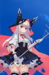 Rule 34 | 1girl, animal hood, azur lane, black cape, black skirt, blue background, cape, closed mouth, copyright request, cowboy shot, dot nose, erebus (azur lane), gloves, high-waist skirt, highres, holding, holding staff, hood, hood up, hooded cape, light smile, looking at viewer, luicent, neck ribbon, pink cape, puffy short sleeves, puffy sleeves, red eyes, red ribbon, ribbon, shirt, short sleeves, skirt, sleeve ribbon, solo, staff, suspender skirt, suspenders, thighhighs, two-sided cape, two-sided fabric, white gloves, white hair, white shirt