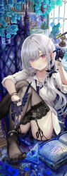 Rule 34 | 1girl, absurdres, black gloves, black necktie, black shorts, blue nails, book, dress shirt, earrings, eyes visible through hair, fingerless gloves, floating hair, garter straps, gloves, grey hair, grey thighhighs, hair between eyes, hair over one eye, hair over shoulder, highres, holding, indoors, ito lab, jewelry, long hair, nail polish, necktie, original, parted lips, red eyes, shirt, short shorts, shorts, sitting, sleeves rolled up, solo, thighhighs, very long hair, white shirt